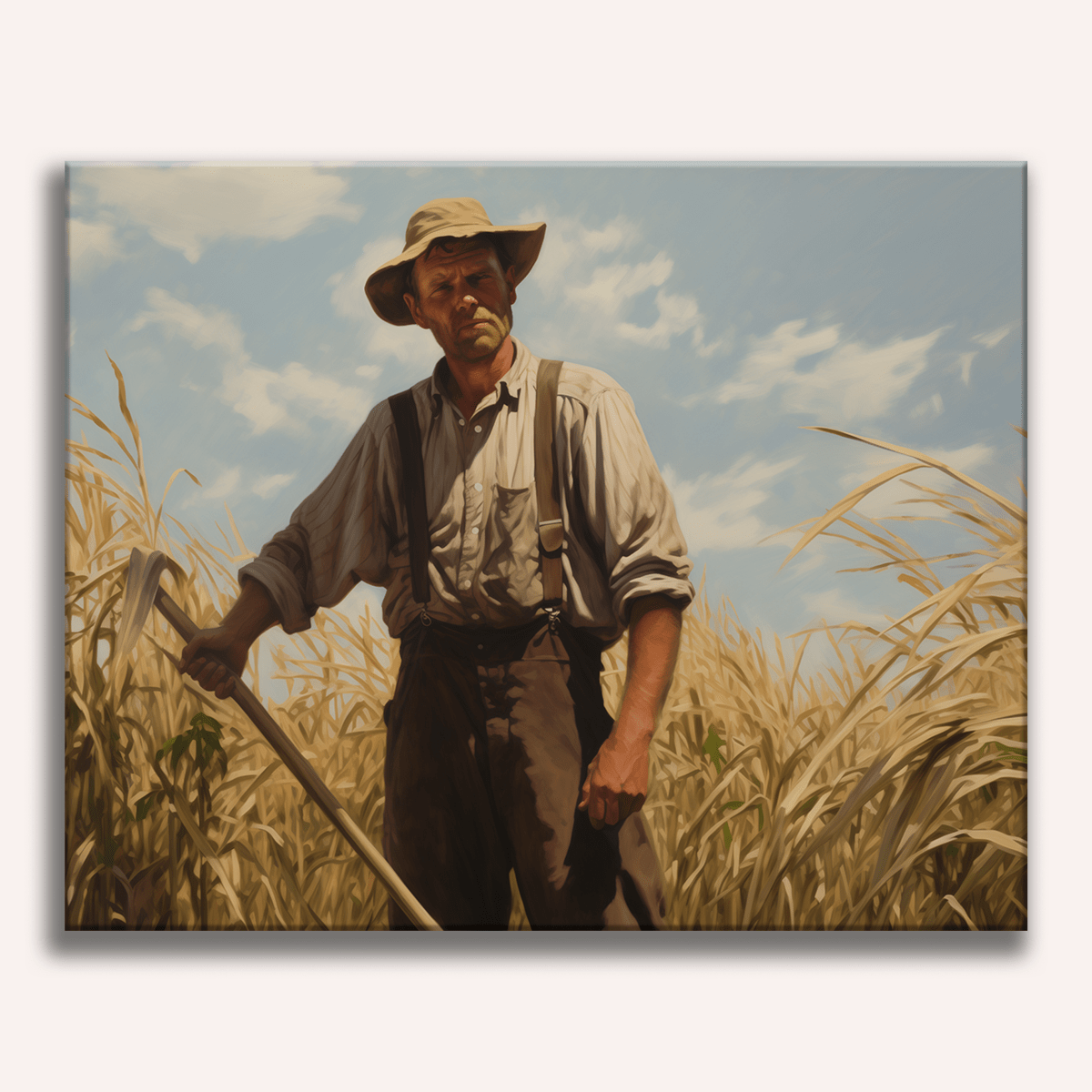 In the image, a man stands amidst a field of golden wheat.