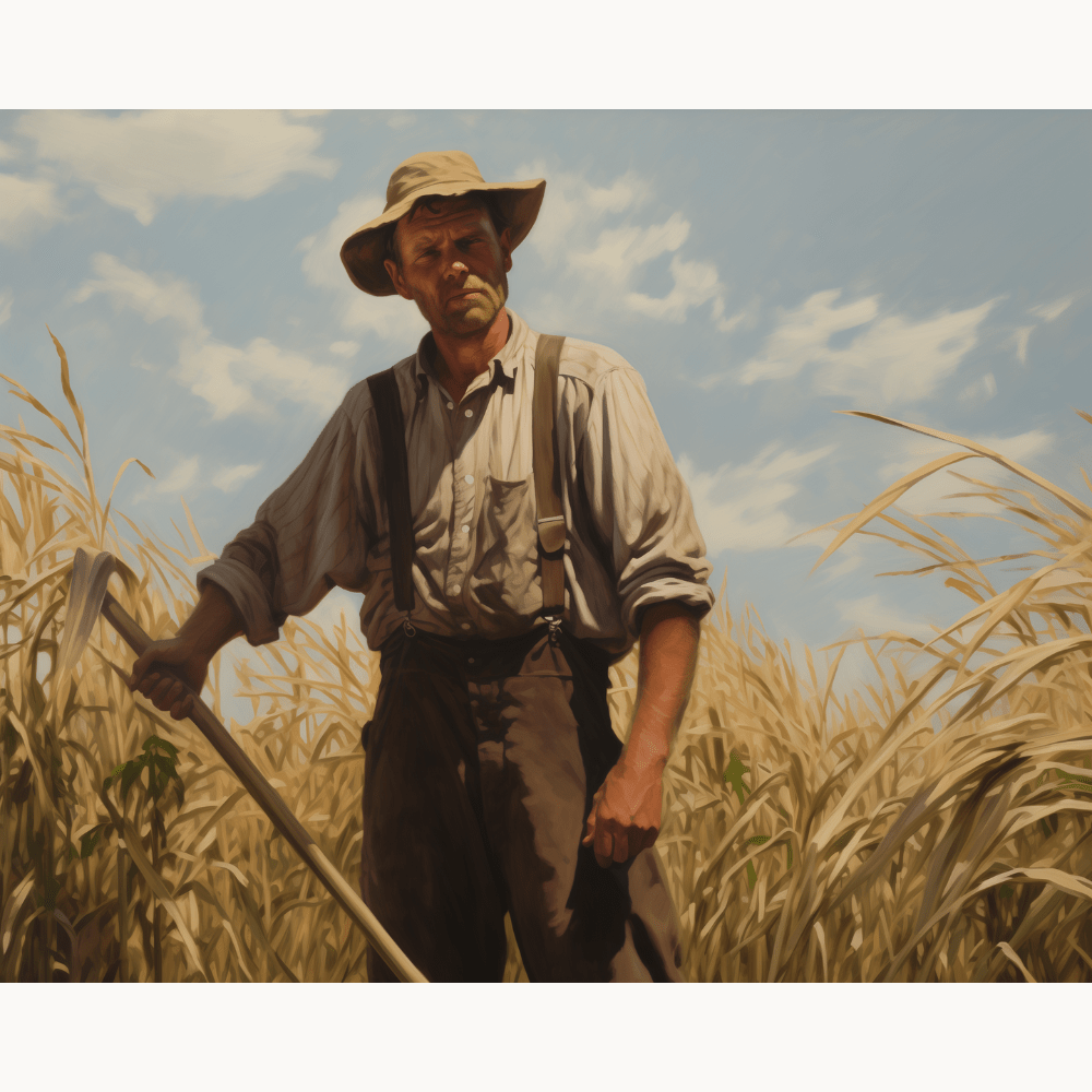 In the image, a man stands amidst a field of golden wheat.