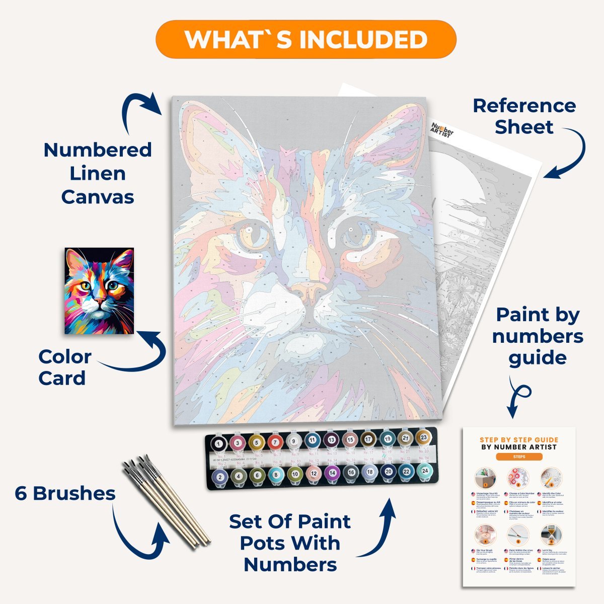 A feline subject is centrally depicted against a colorful abstract background that transitions from warm hues at the top to cooler tones at the bottom..