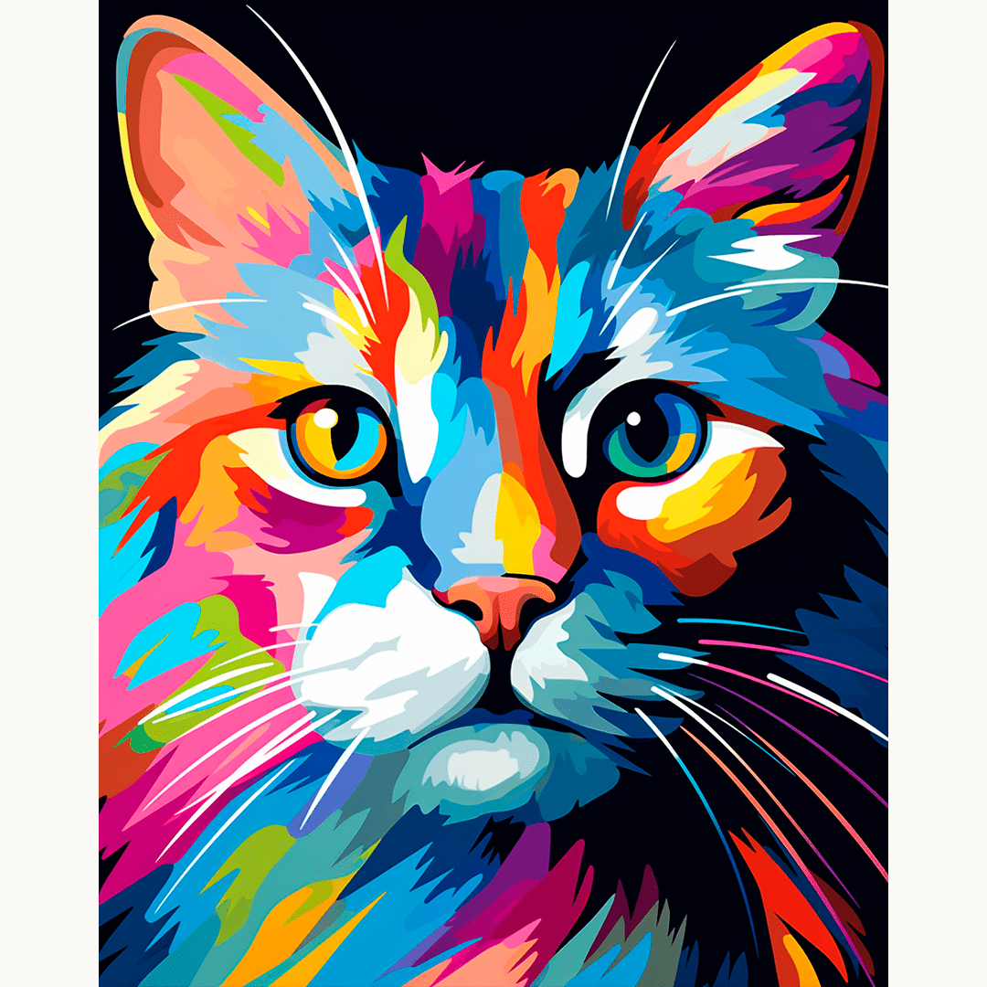 A feline subject is centrally depicted against a colorful abstract background that transitions from warm hues at the top to cooler tones at the bottom..
