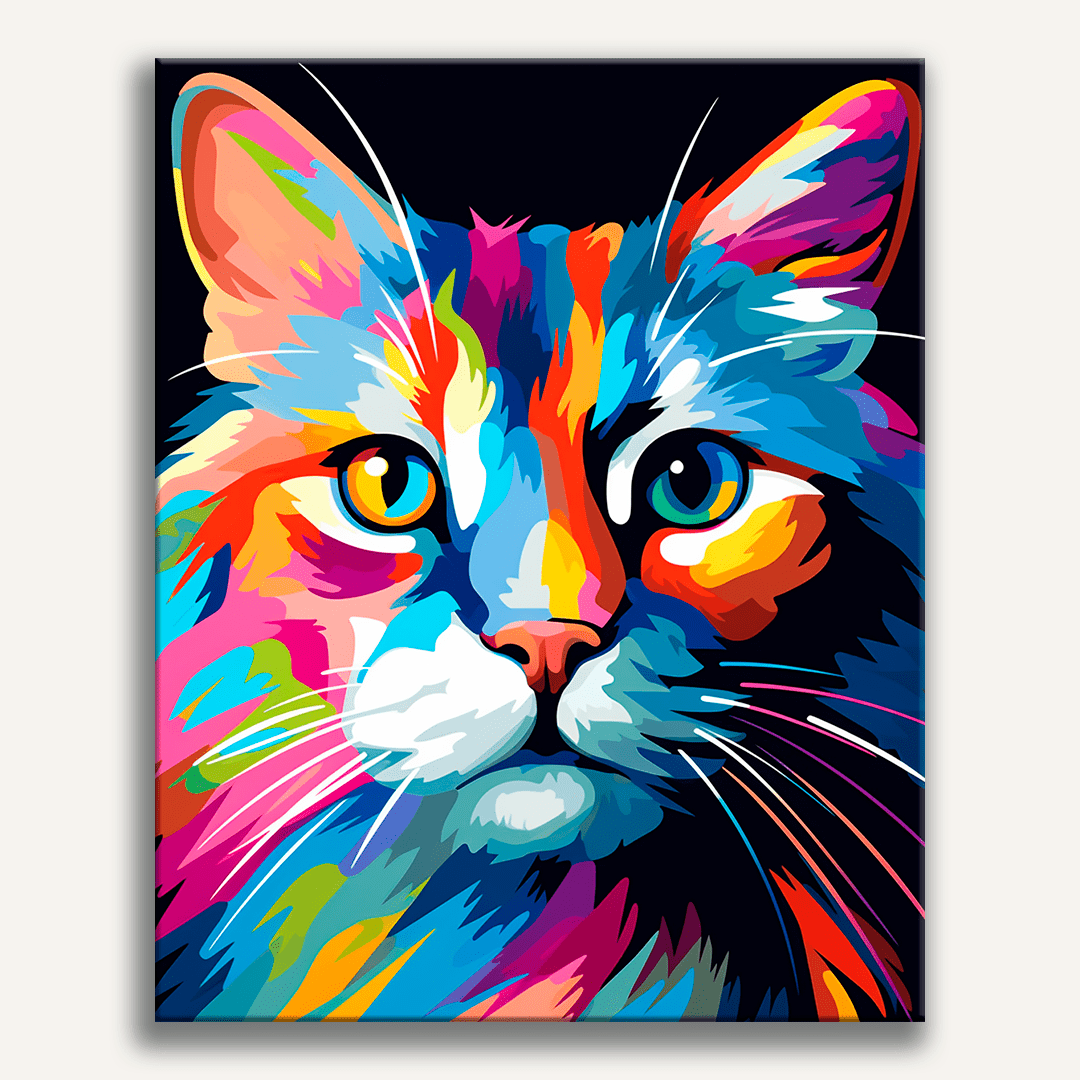 A feline subject is centrally depicted against a colorful abstract background that transitions from warm hues at the top to cooler tones at the bottom..