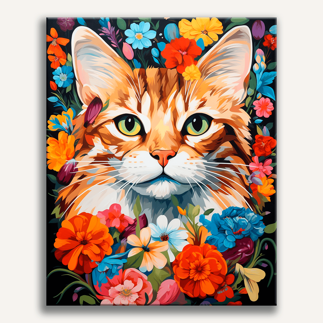 This is a portrait of a cat against a floral background.