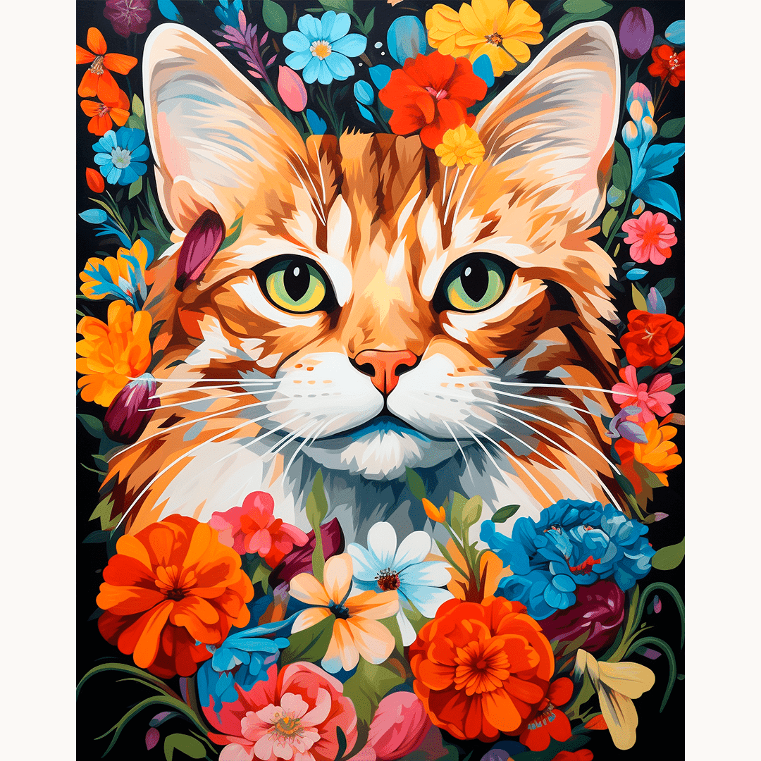 This is a portrait of a cat against a floral background.