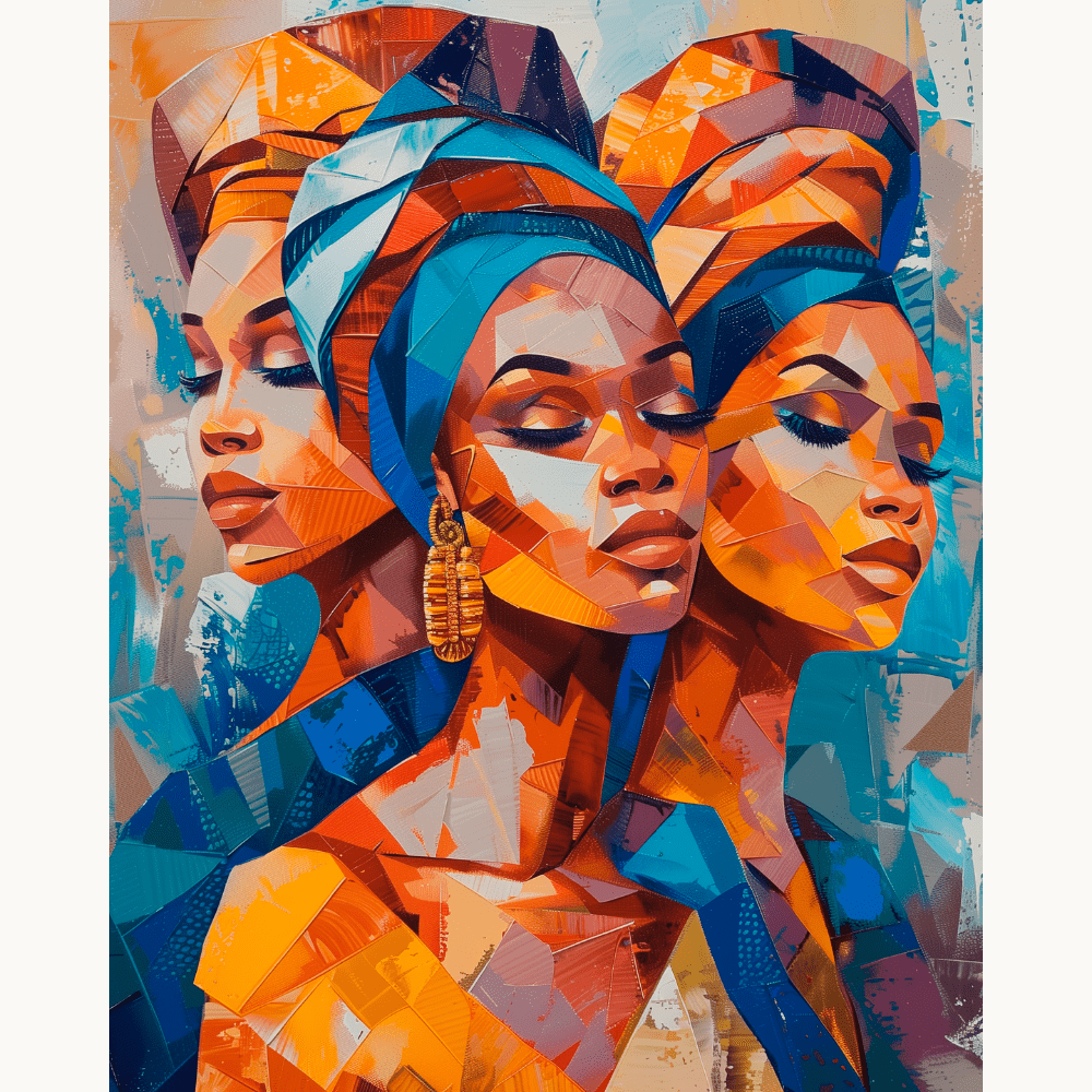A colorful art piece showcasing three stylized portraits of a person wearing headscarves and earrings against a geometric abstract background, set within a square canvas frame..