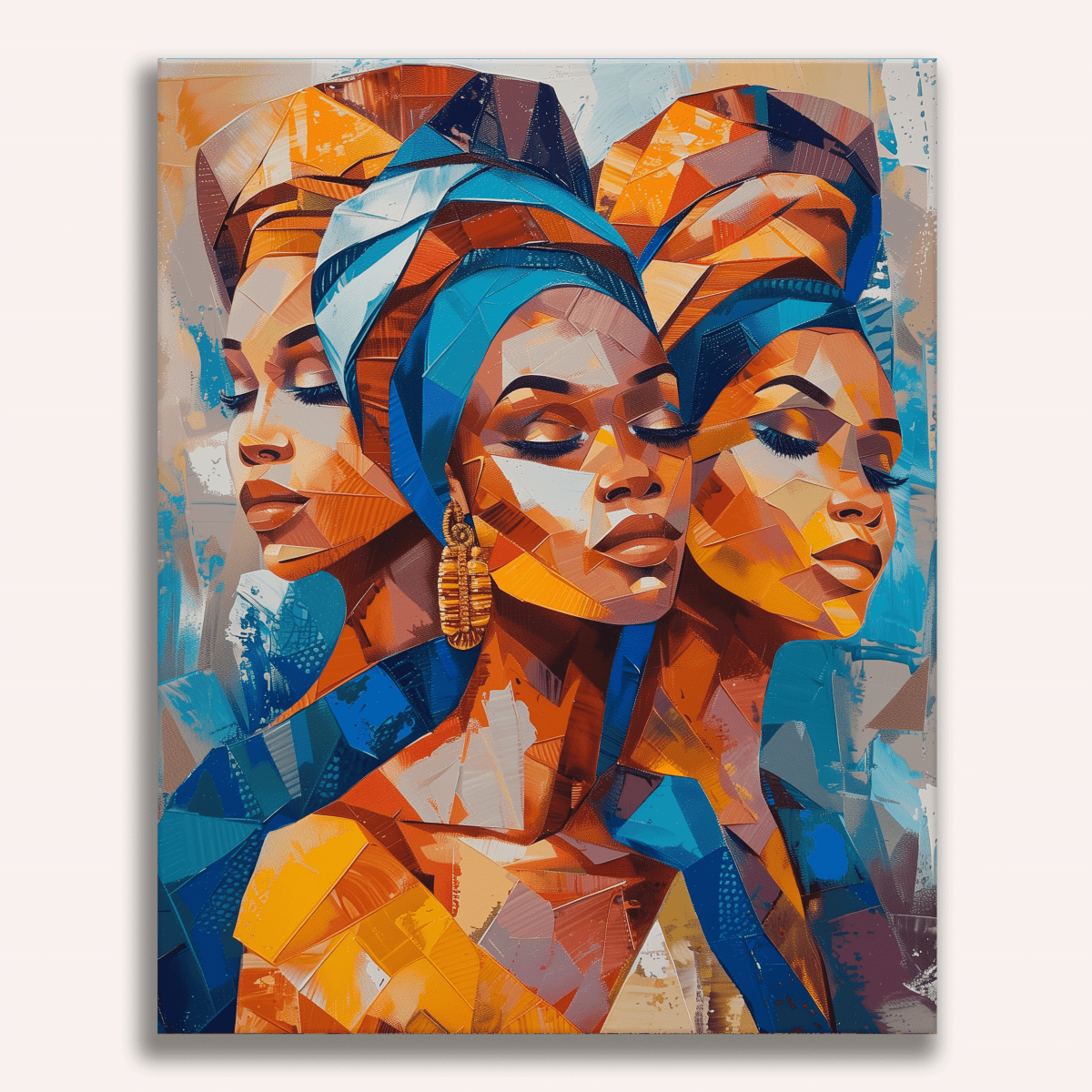 A colorful art piece showcasing three stylized portraits of a person wearing headscarves and earrings against a geometric abstract background, set within a square canvas frame..
