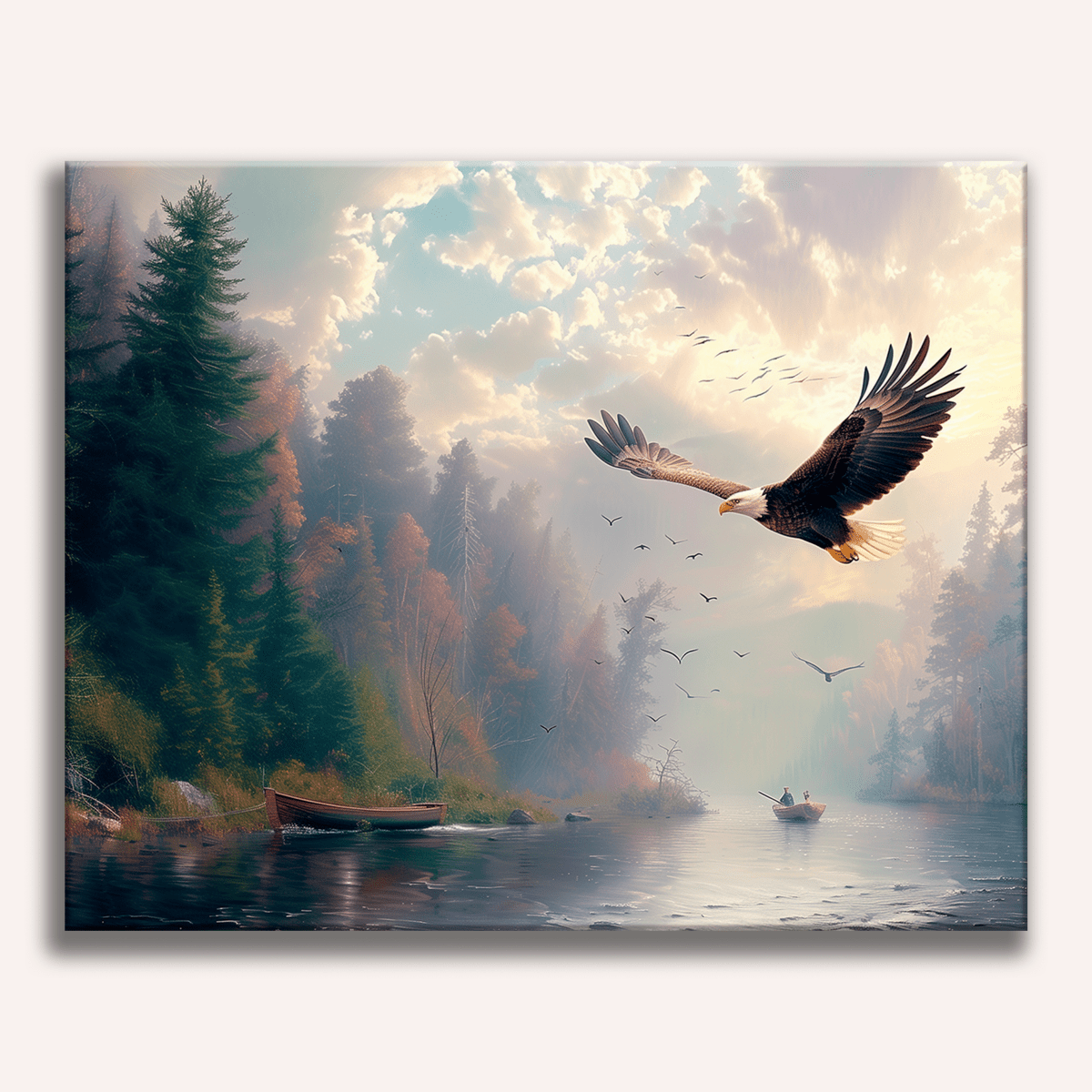 A majestic eagle in flight over a serene forest and river, with several birds scattered in the sky below.