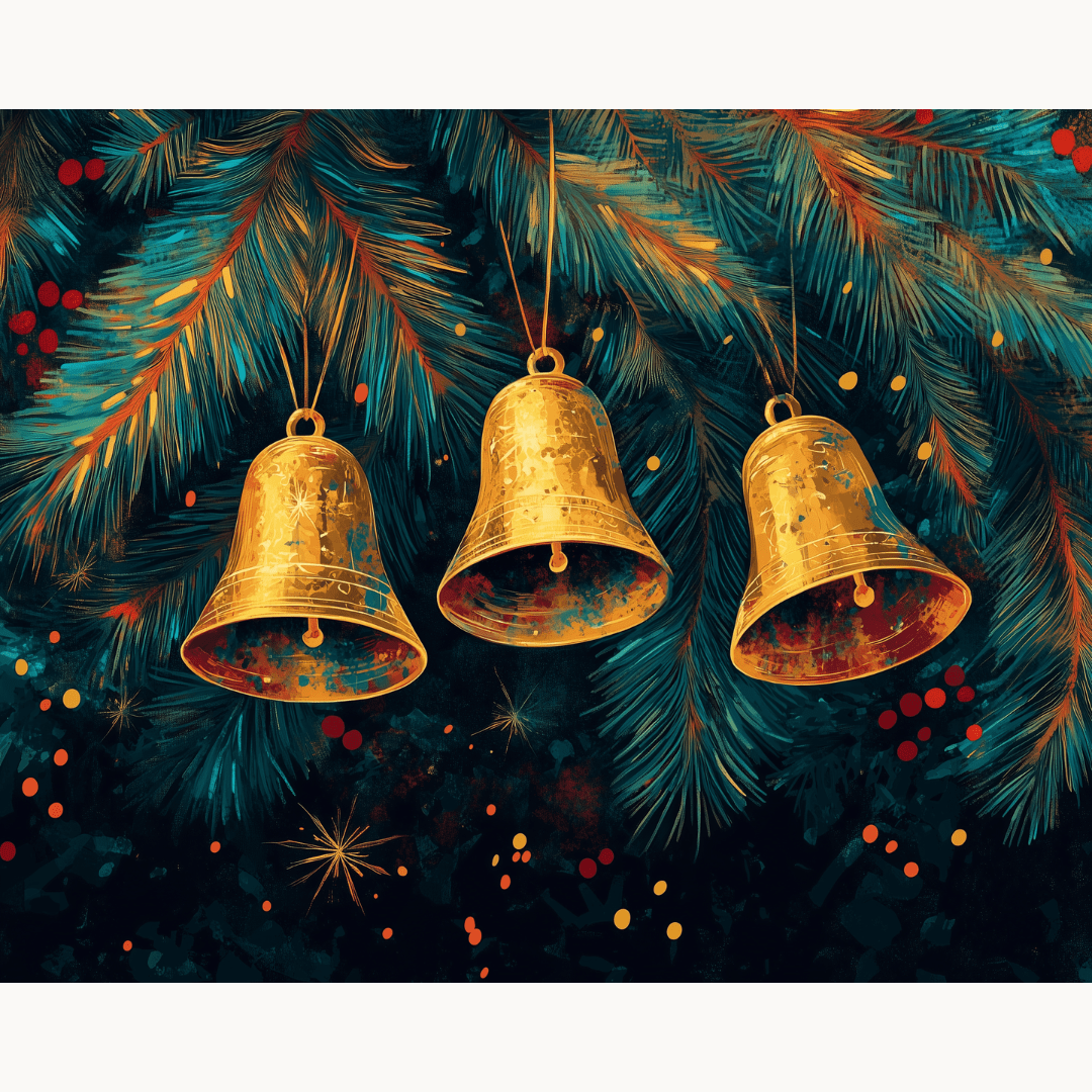 The image presents a festive scene featuring three golden bells hanging from hooks amidst Christmas trees.