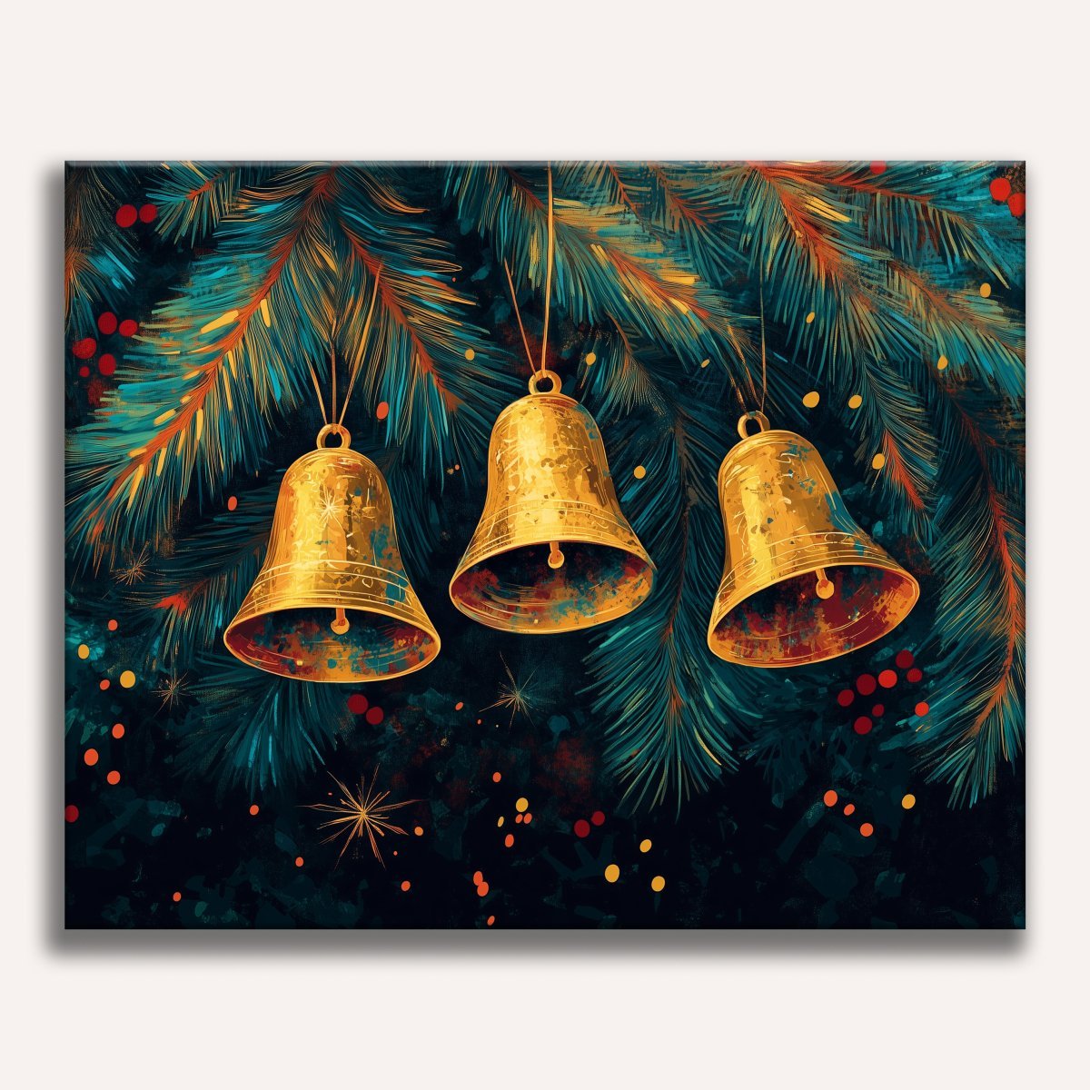 The image presents a festive scene featuring three golden bells hanging from hooks amidst Christmas trees.