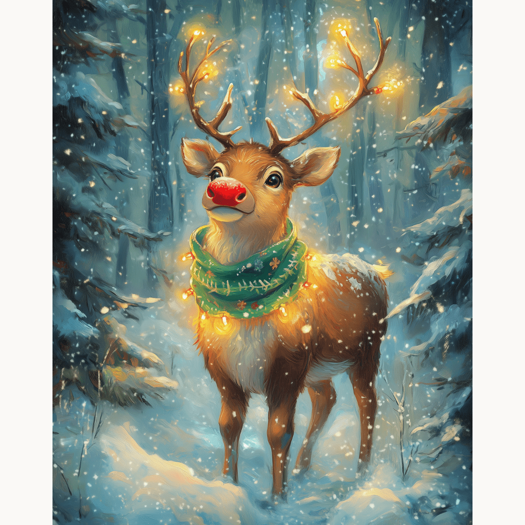 In the image, a majestic deer stands amidst a snowy forest under a blanket of falling snowflakes.