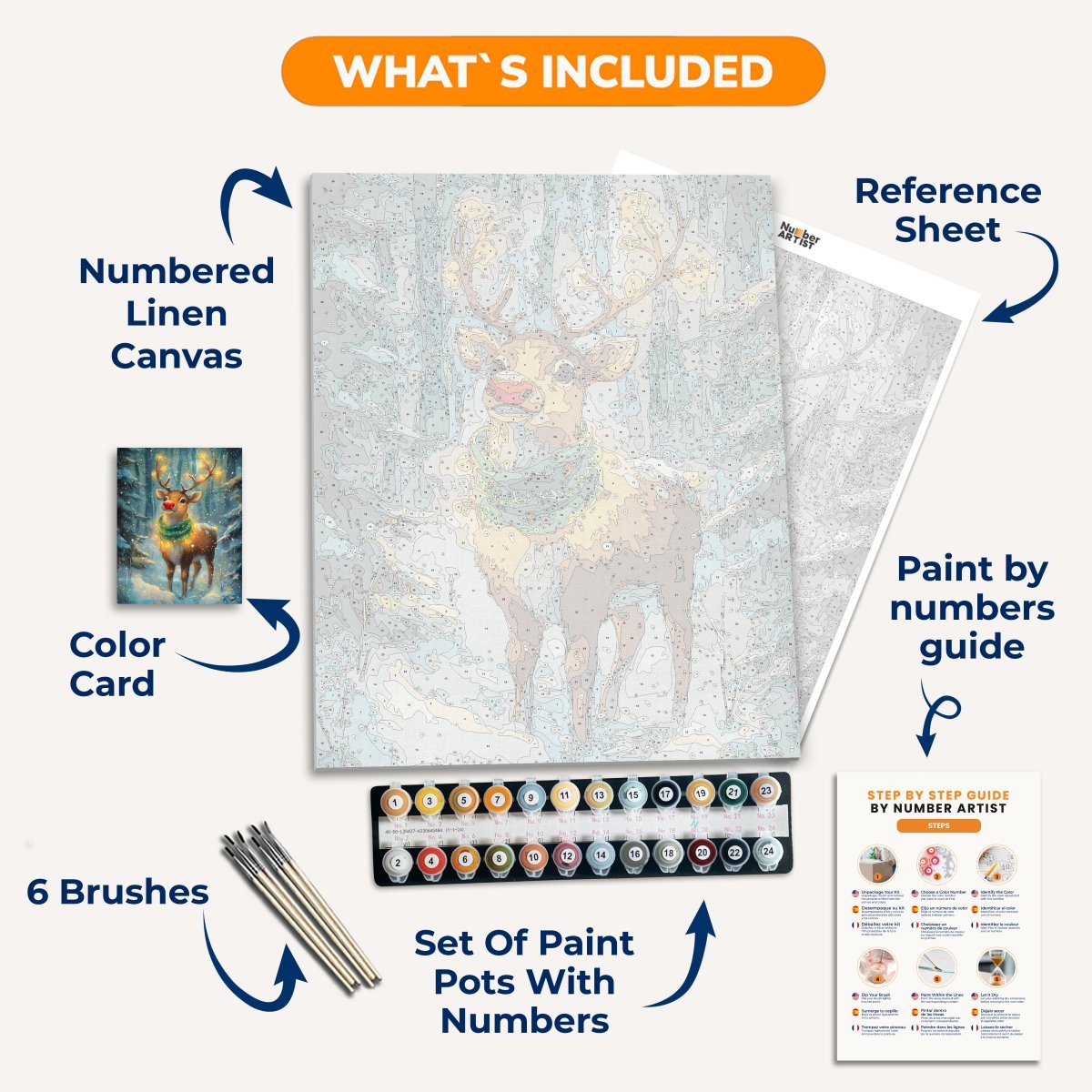 In the image, a majestic deer stands amidst a snowy forest under a blanket of falling snowflakes.