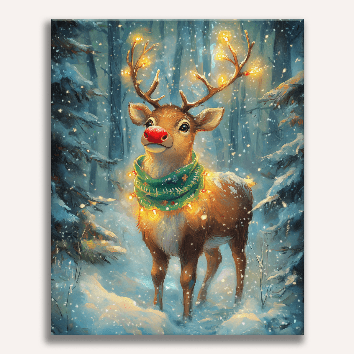 In the image, a majestic deer stands amidst a snowy forest under a blanket of falling snowflakes.