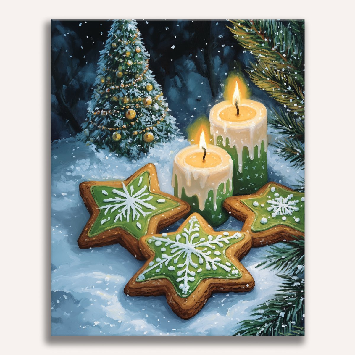 A vibrant holiday scene features a festive table setting with three green snowflake cookies decorated with white icing, two lit candles flanking them, and two Christmas trees in the background.