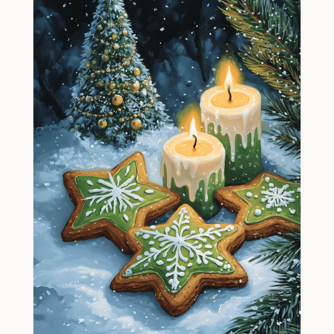 A vibrant holiday scene features a festive table setting with three green snowflake cookies decorated with white icing, two lit candles flanking them, and two Christmas trees in the background.
