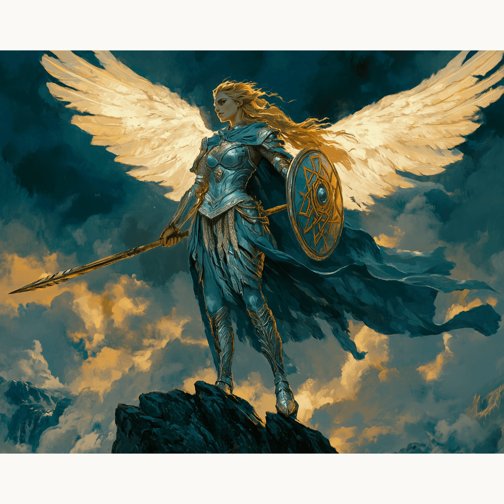 An illustrated fantasy character stands atop a rocky outcrop, her wings spread wide against a dramatic sky.