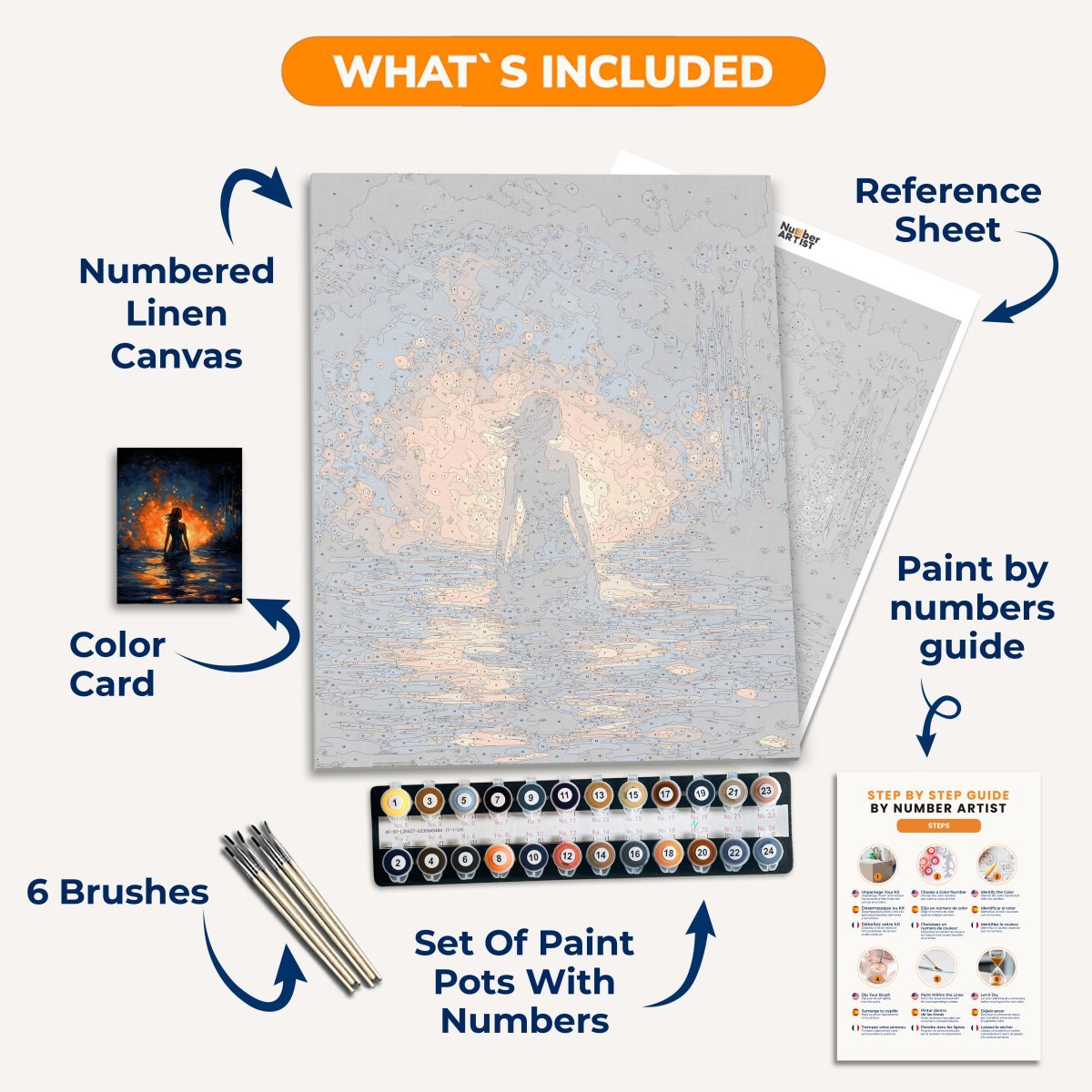 In the image, a young woman stands in a dark water body, gazing out towards a fiery sky that casts an orange glow on the scene.