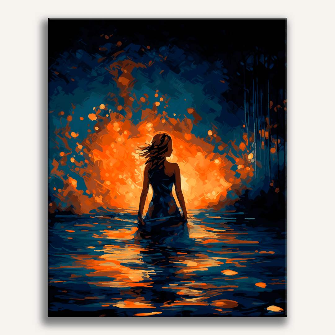 In the image, a young woman stands in a dark water body, gazing out towards a fiery sky that casts an orange glow on the scene.
