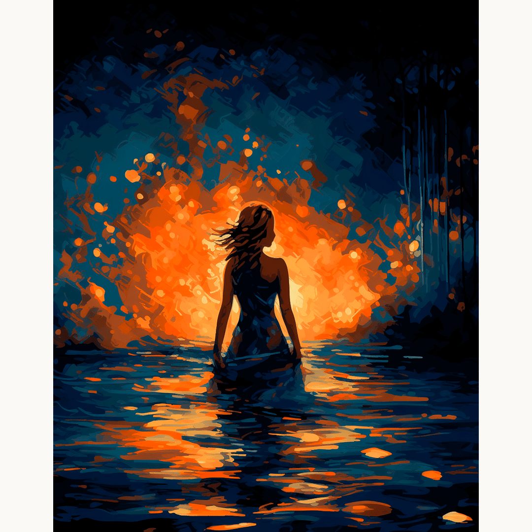 In the image, a young woman stands in a dark water body, gazing out towards a fiery sky that casts an orange glow on the scene.
