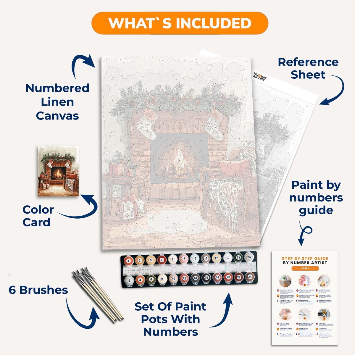 A cozy Christmas scene with a fireplace, stockings, and festive decorations..