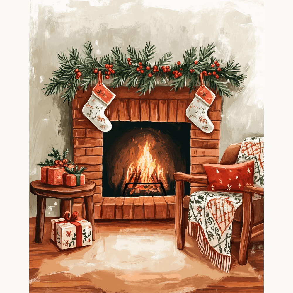 A cozy Christmas scene with a fireplace, stockings, and festive decorations..