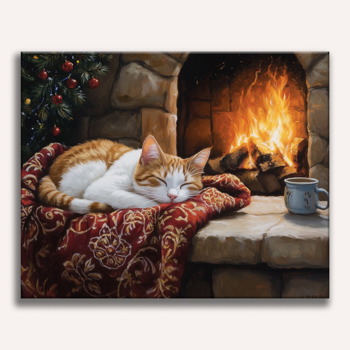 In the heart of a cozy stone fireplace, a fluffy orange tabby cat has found its perfect spot for a nap on a red velvet blanket.