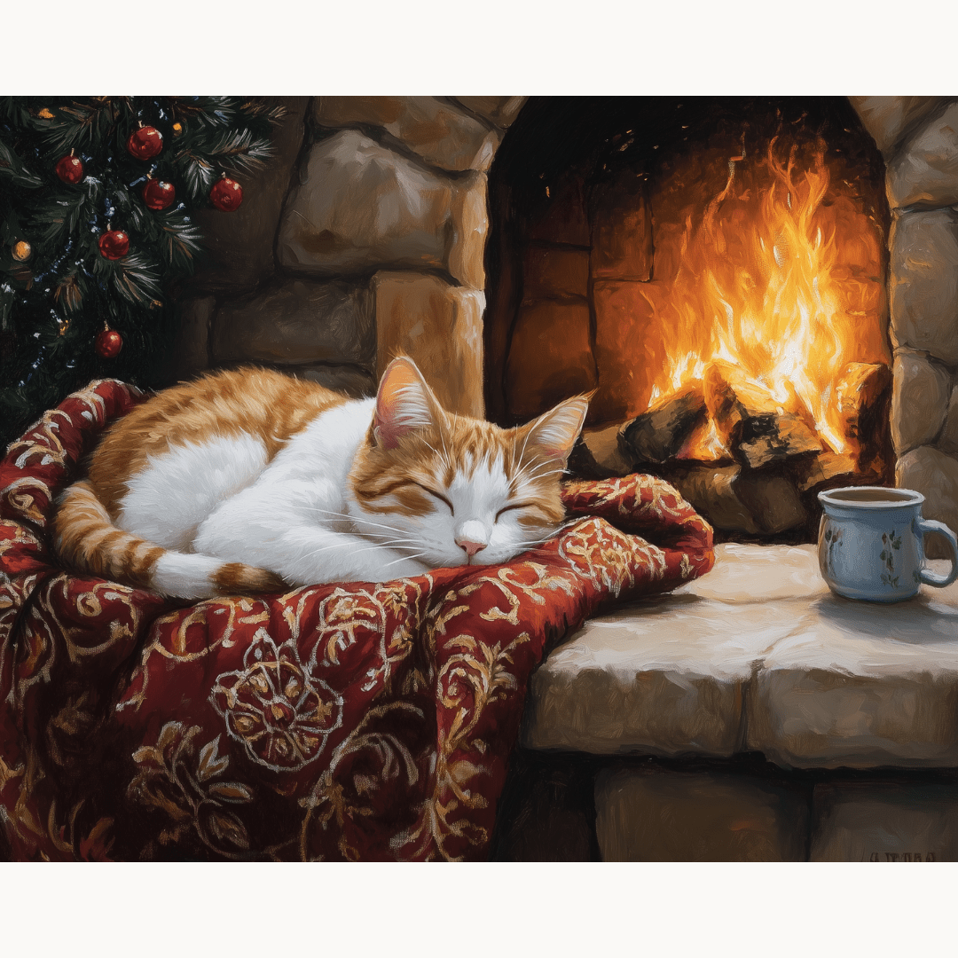 In the heart of a cozy stone fireplace, a fluffy orange tabby cat has found its perfect spot for a nap on a red velvet blanket.