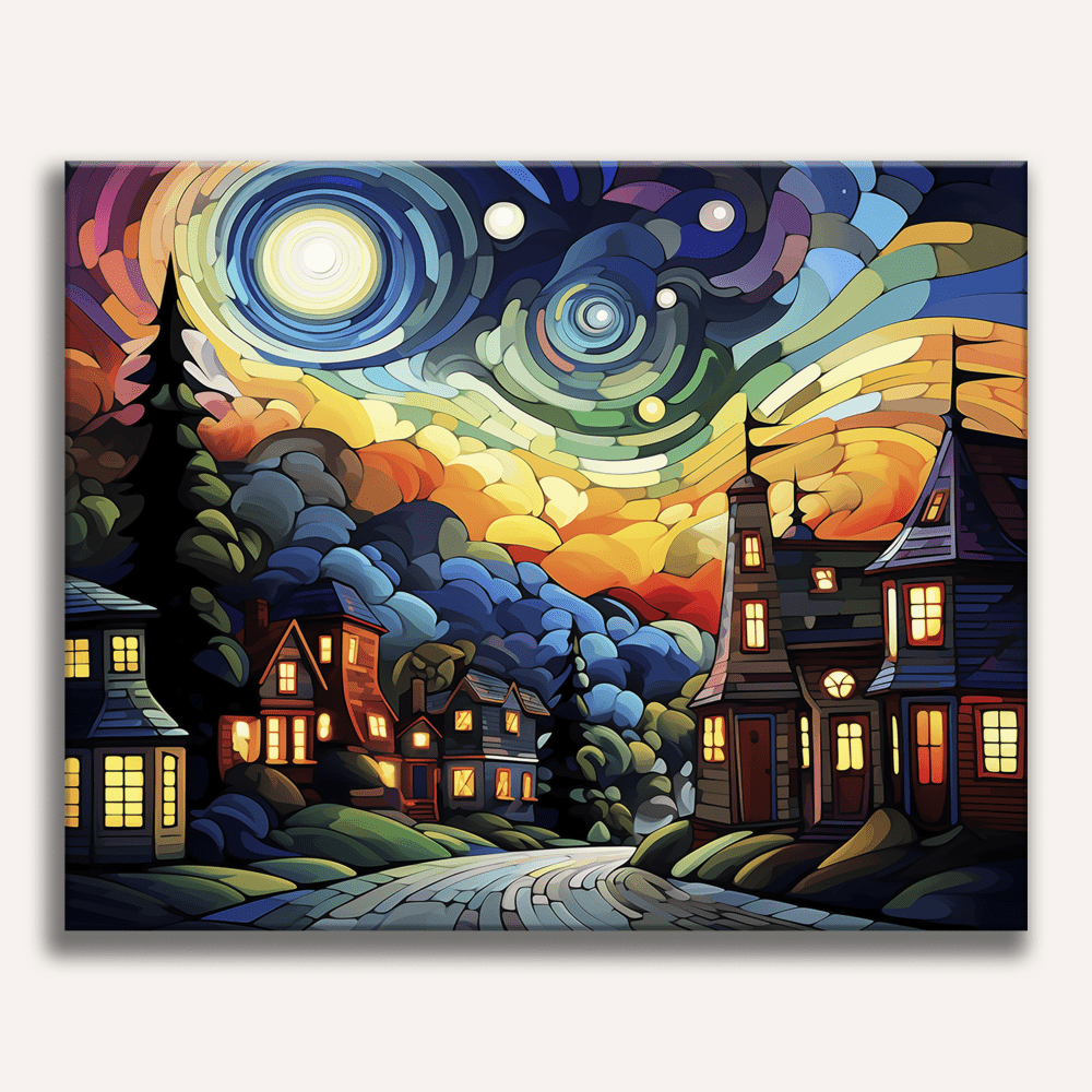 This image presents a whimsical and colorful nighttime scene featuring a small village on a cloudy evening.