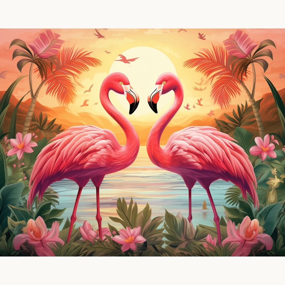 The image features two pink flamingos standing side by side on a tropical beach at sunset.