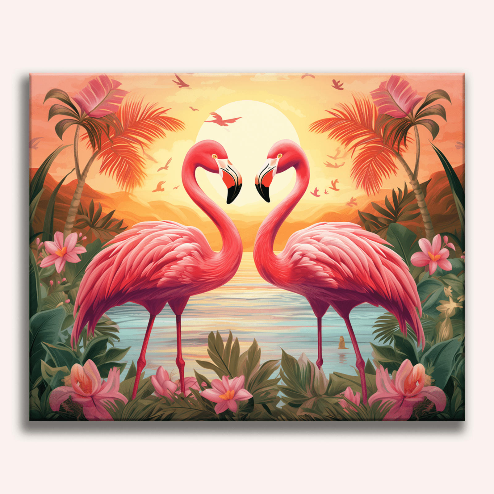 The image features two pink flamingos standing side by side on a tropical beach at sunset.