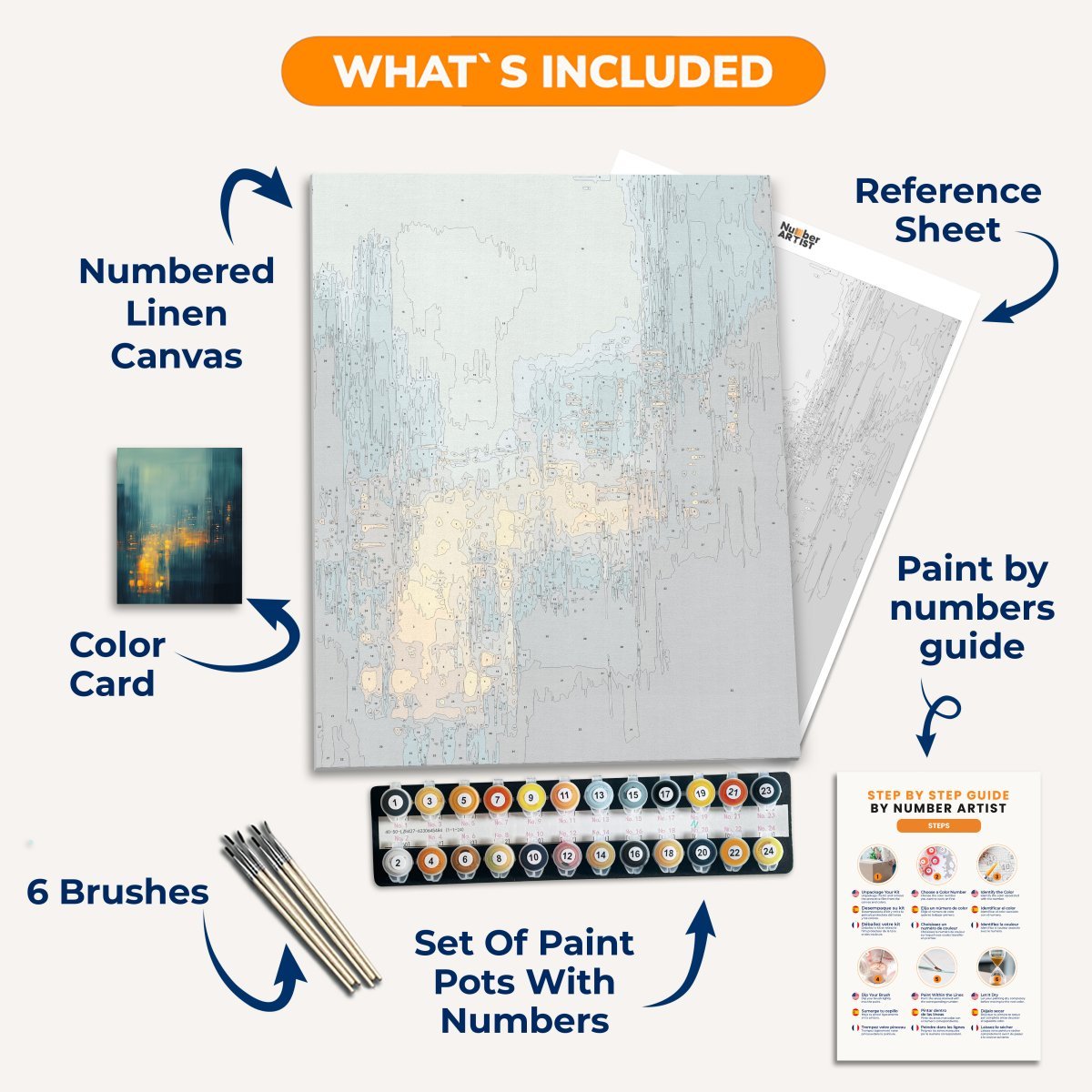 The image showcases a modern abstract cityscape print.
