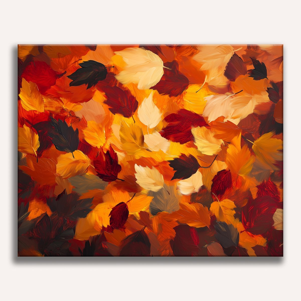 This is a painting featuring an abstract arrangement of autumn leaves, predominantly in shades of orange and yellow on a darker brown background.