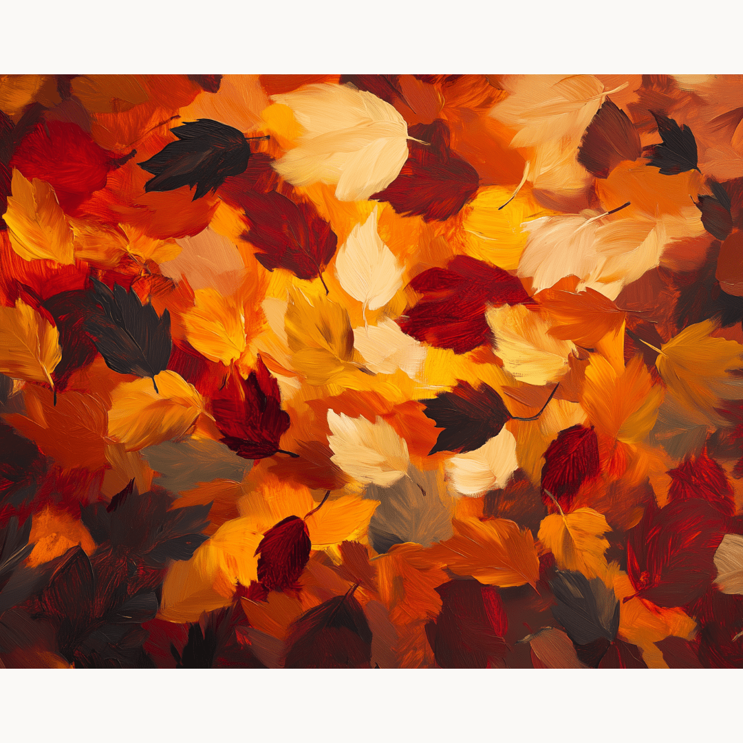 This is a painting featuring an abstract arrangement of autumn leaves, predominantly in shades of orange and yellow on a darker brown background.