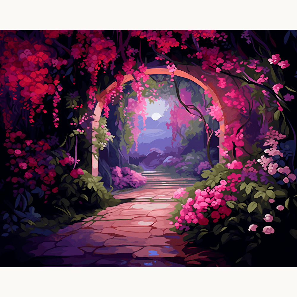 The image displays a vibrant and fantastical digital artwork depicting a serene pathway through an enchanting forest.