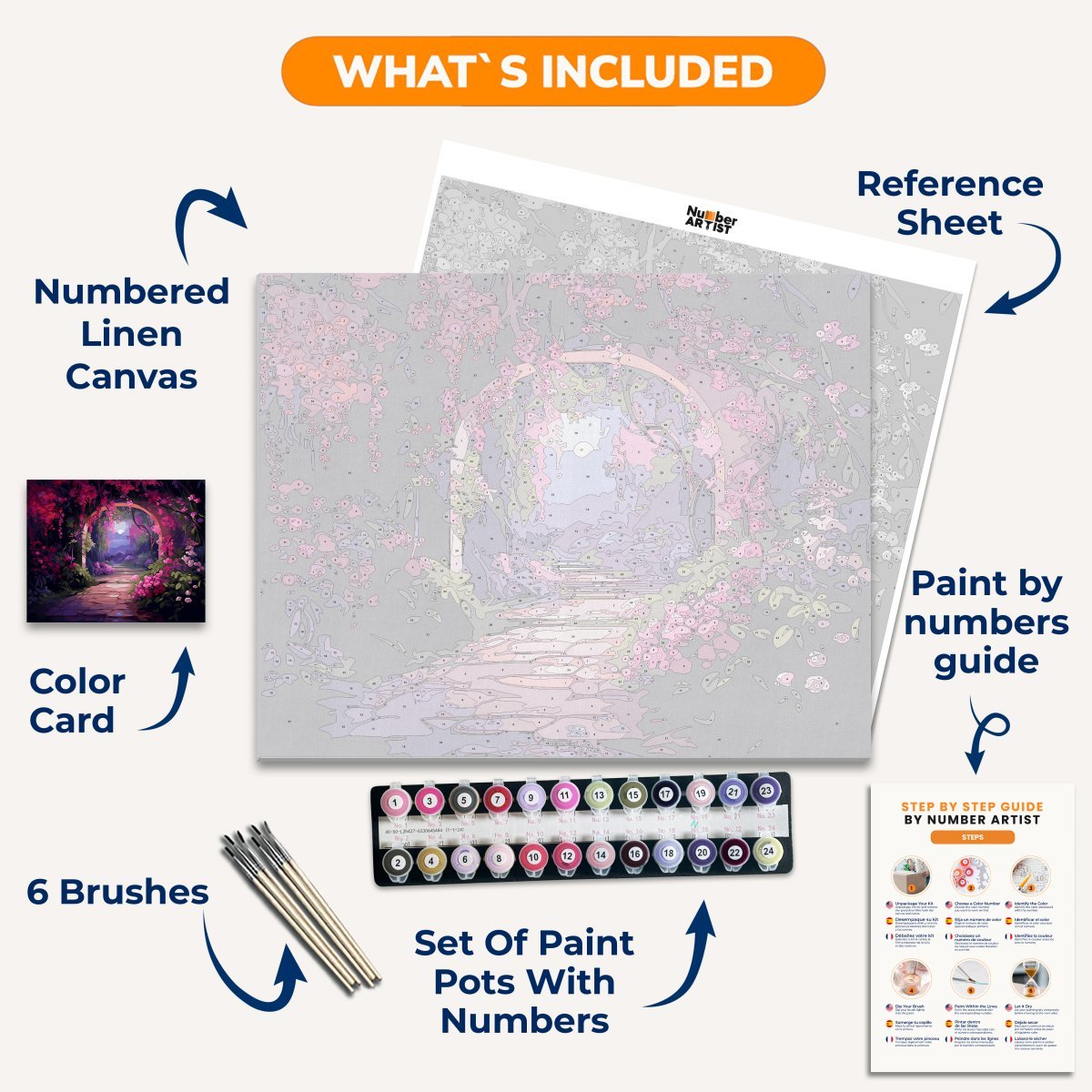 The image displays a vibrant and fantastical digital artwork depicting a serene pathway through an enchanting forest.