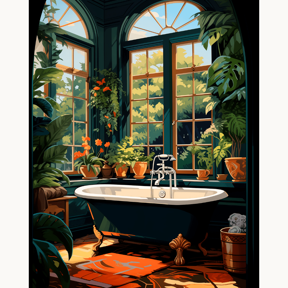 The image features a classical bathroom bathed in natural light from large windows.