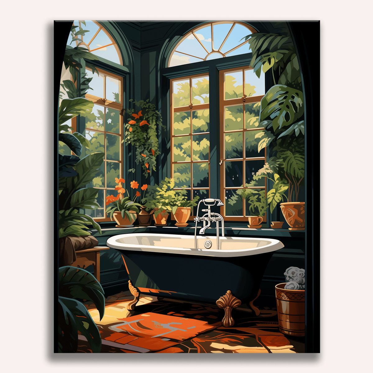 The image features a classical bathroom bathed in natural light from large windows.