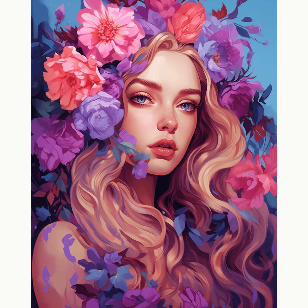 In the image, a young woman with long blonde hair and blue eyes is depicted.