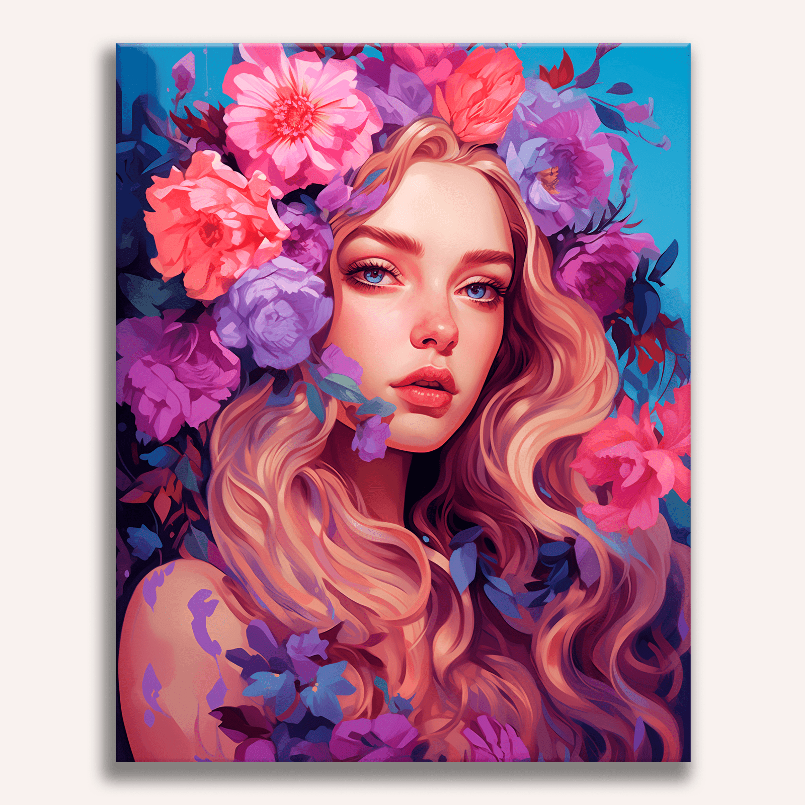 In the image, a young woman with long blonde hair and blue eyes is depicted.