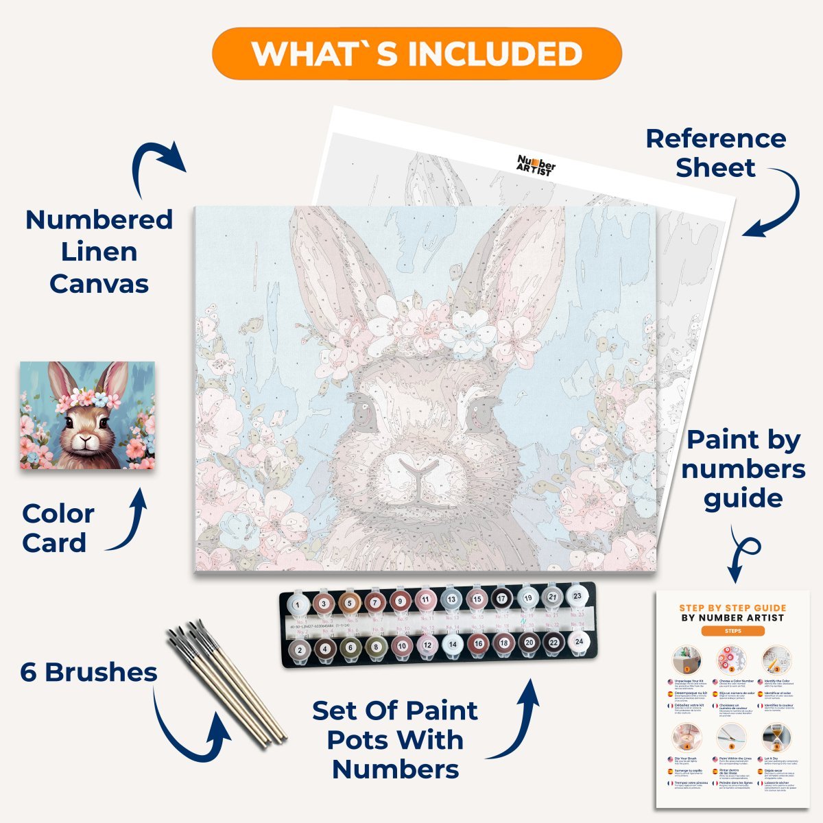 An illustration of a rabbit with floral headband against blue backdrop filled with flower motifs..