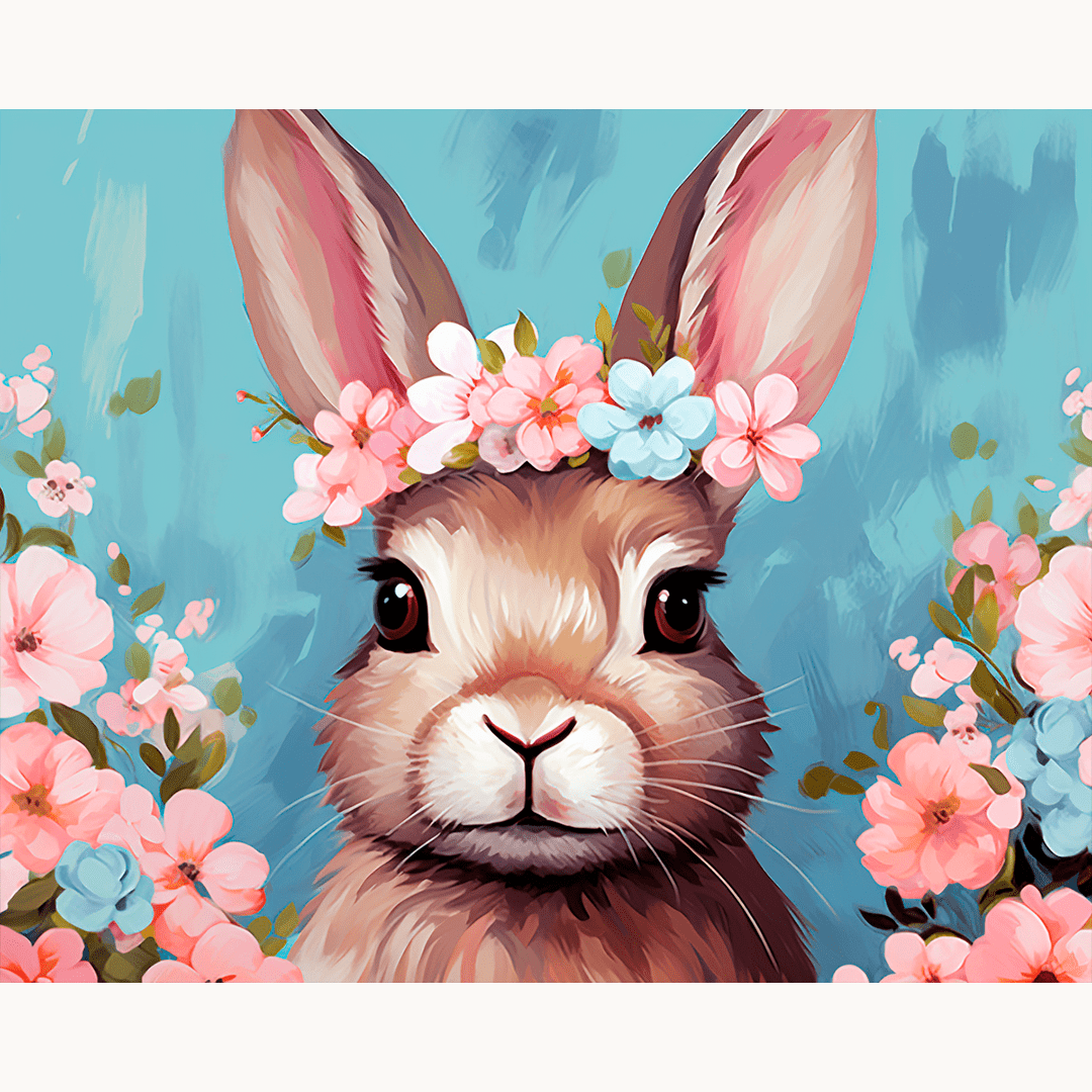 An illustration of a rabbit with floral headband against blue backdrop filled with flower motifs..
