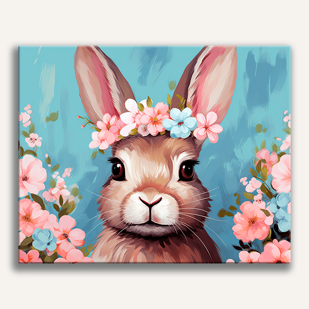 An illustration of a rabbit with floral headband against blue backdrop filled with flower motifs..
