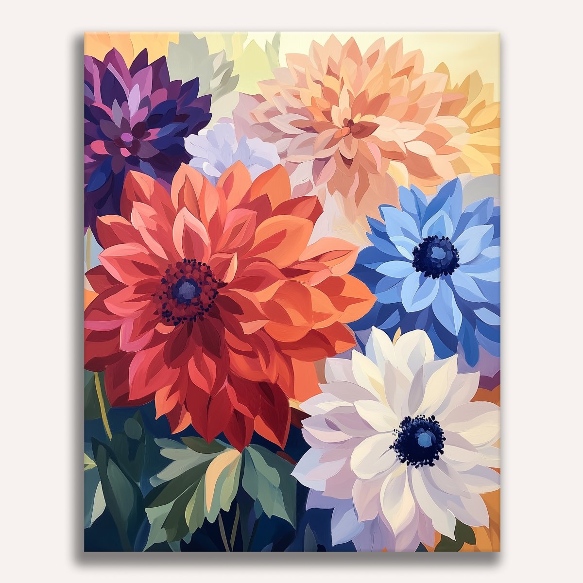 A digital art print depicts a vibrant bouquet of paper flowers in hues of red, orange, yellow, blue, and purple, arranged against a backdrop that resembles a sunny sky with a few clouds..