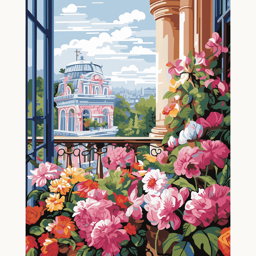 This is a vibrant and colorful illustration depicting a serene garden scene.