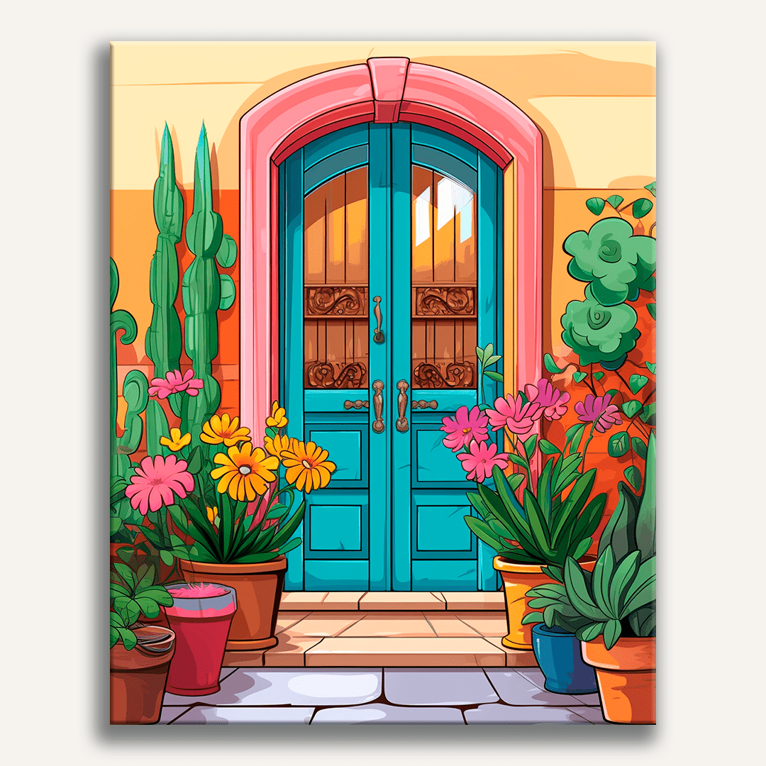 This illustration portrays a vibrant Mediterranean-style door in a warm orange hue, framed by an archway and adorned with a plant on top.