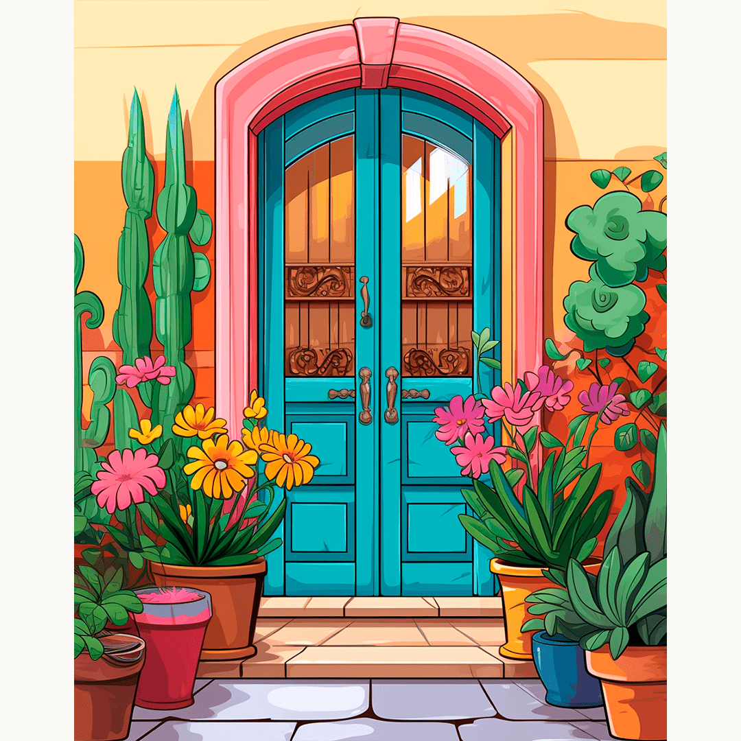 This illustration portrays a vibrant Mediterranean-style door in a warm orange hue, framed by an archway and adorned with a plant on top.