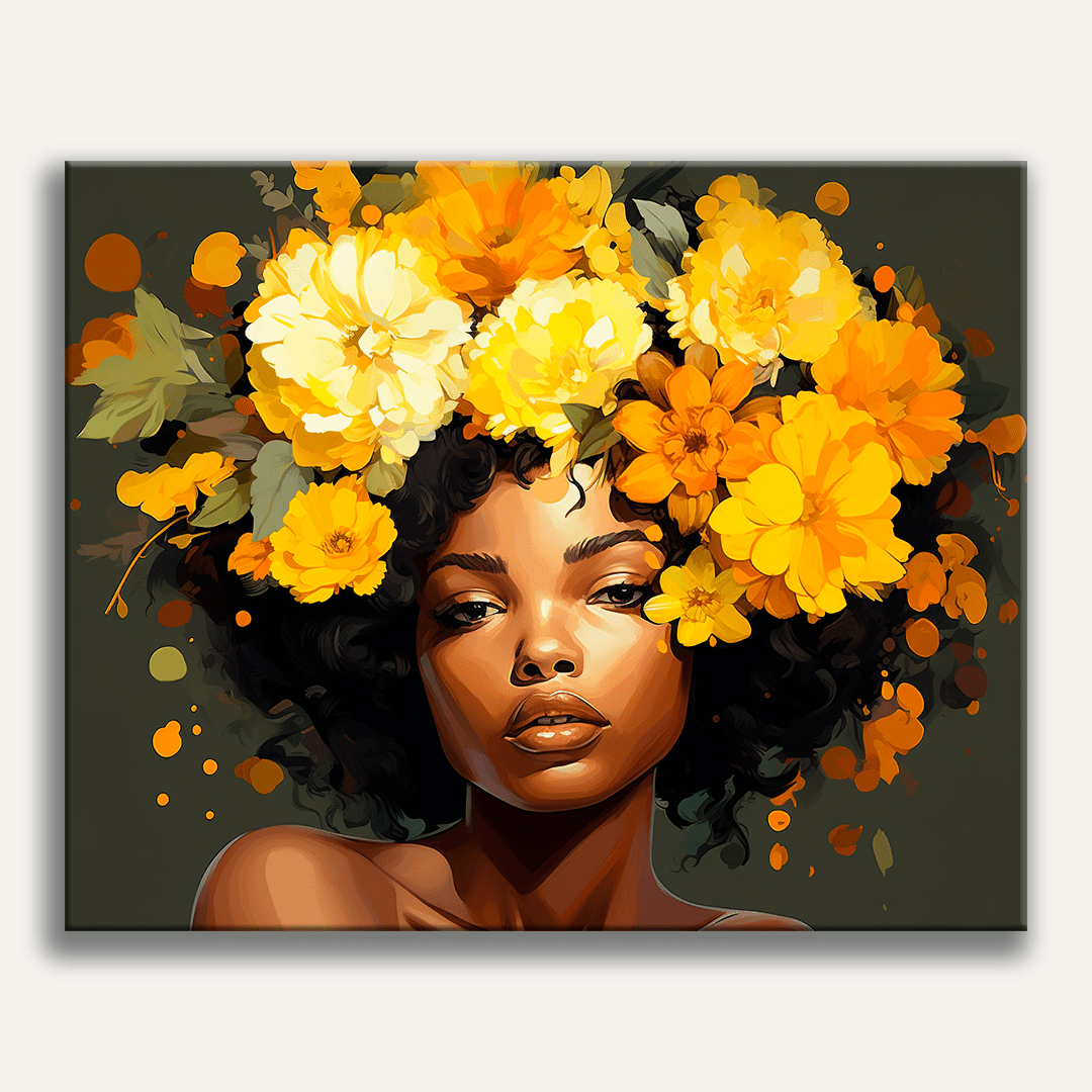 A woman with a flower wreath around her head, featuring sunflowers and greenery, against a dark background adorned with watercolor floral patterns.