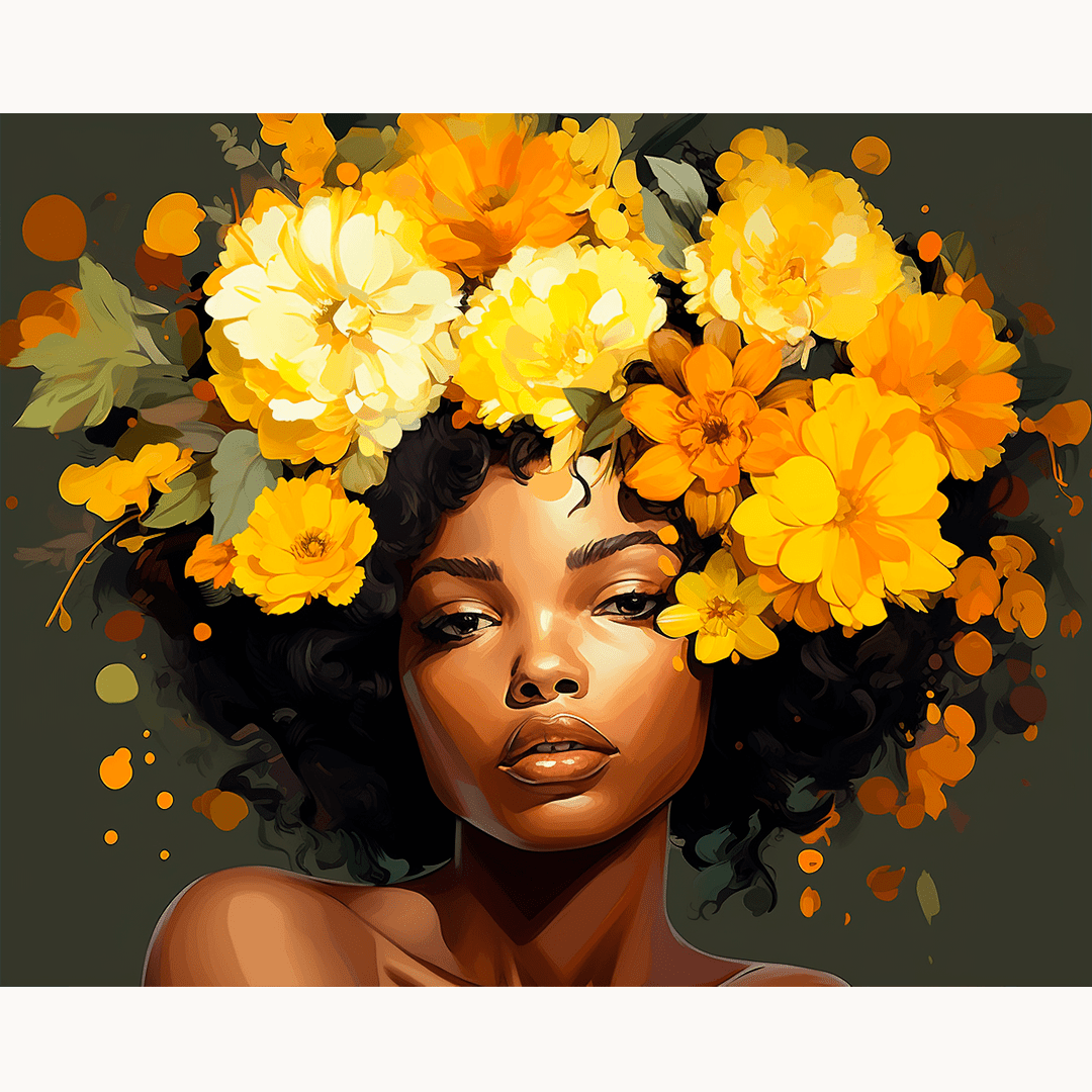 A woman with a flower wreath around her head, featuring sunflowers and greenery, against a dark background adorned with watercolor floral patterns.