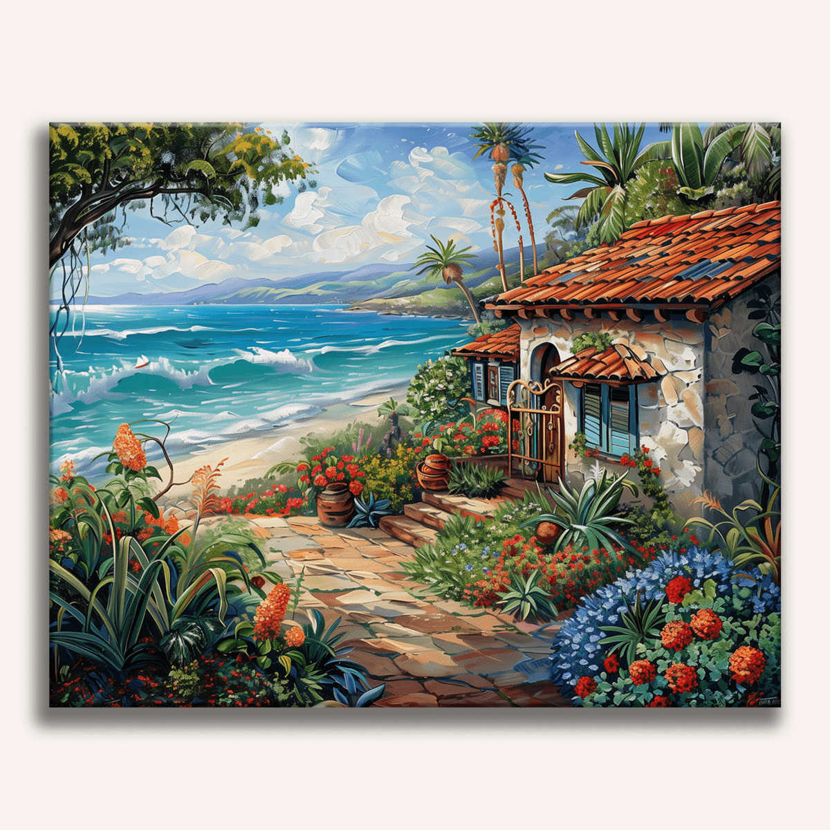 The image depicts a serene coastal scene featuring a traditional stone cottage with a thatched roof and wooden shutters.