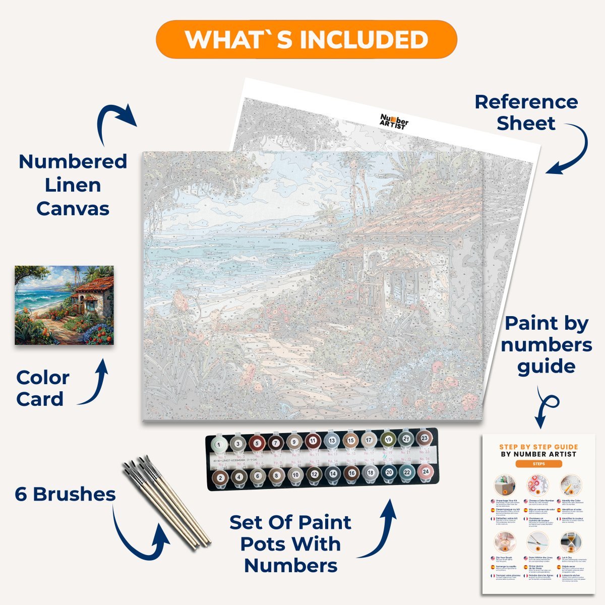 The image depicts a serene coastal scene featuring a traditional stone cottage with a thatched roof and wooden shutters.