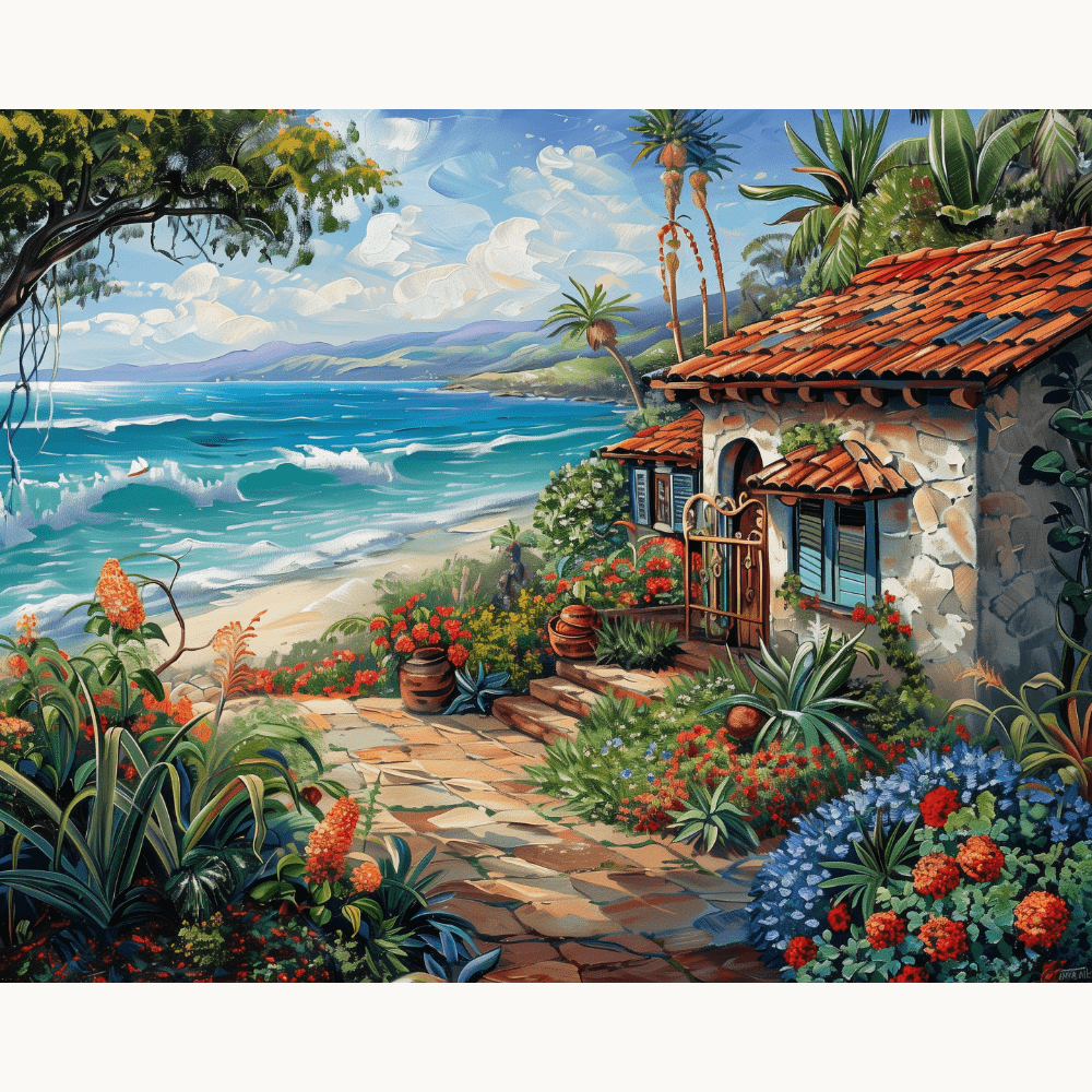 The image depicts a serene coastal scene featuring a traditional stone cottage with a thatched roof and wooden shutters.