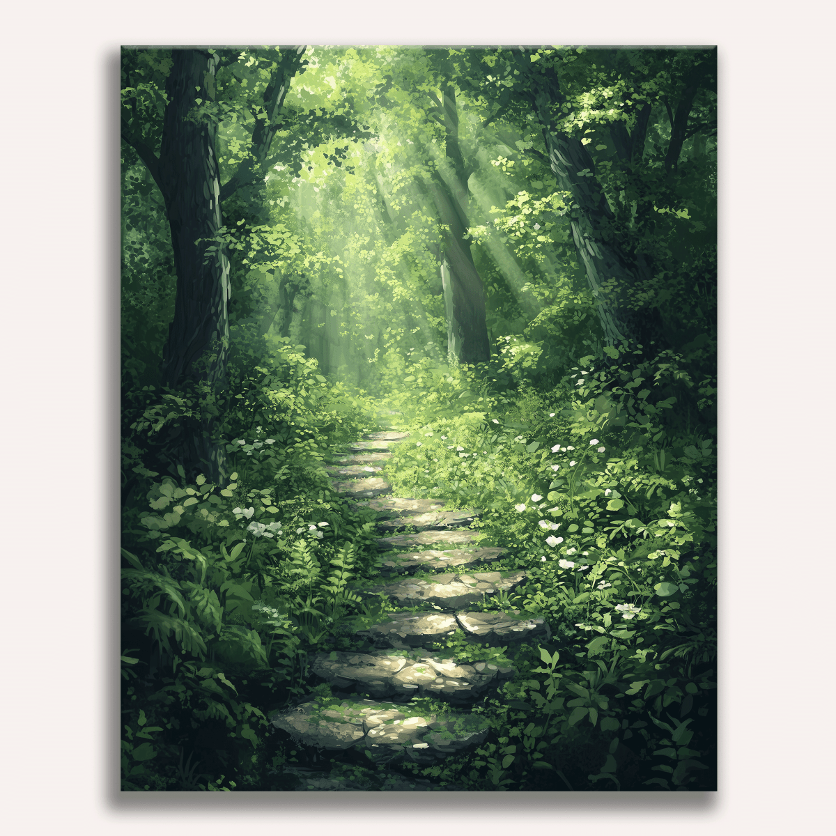 A tranquil forest setting is depicted, characterized by a stone path winding through lush greenery, with sunlight filtering through trees, casting dappled shadows and highlighting the verdant ferns..